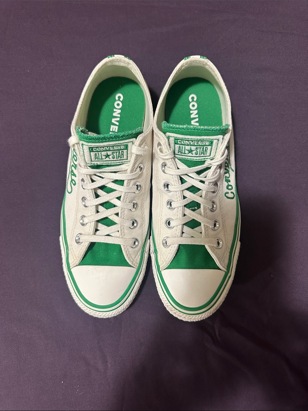 Converse Low Top Canvas Sneakers in White & Green - Picture 3 of 6